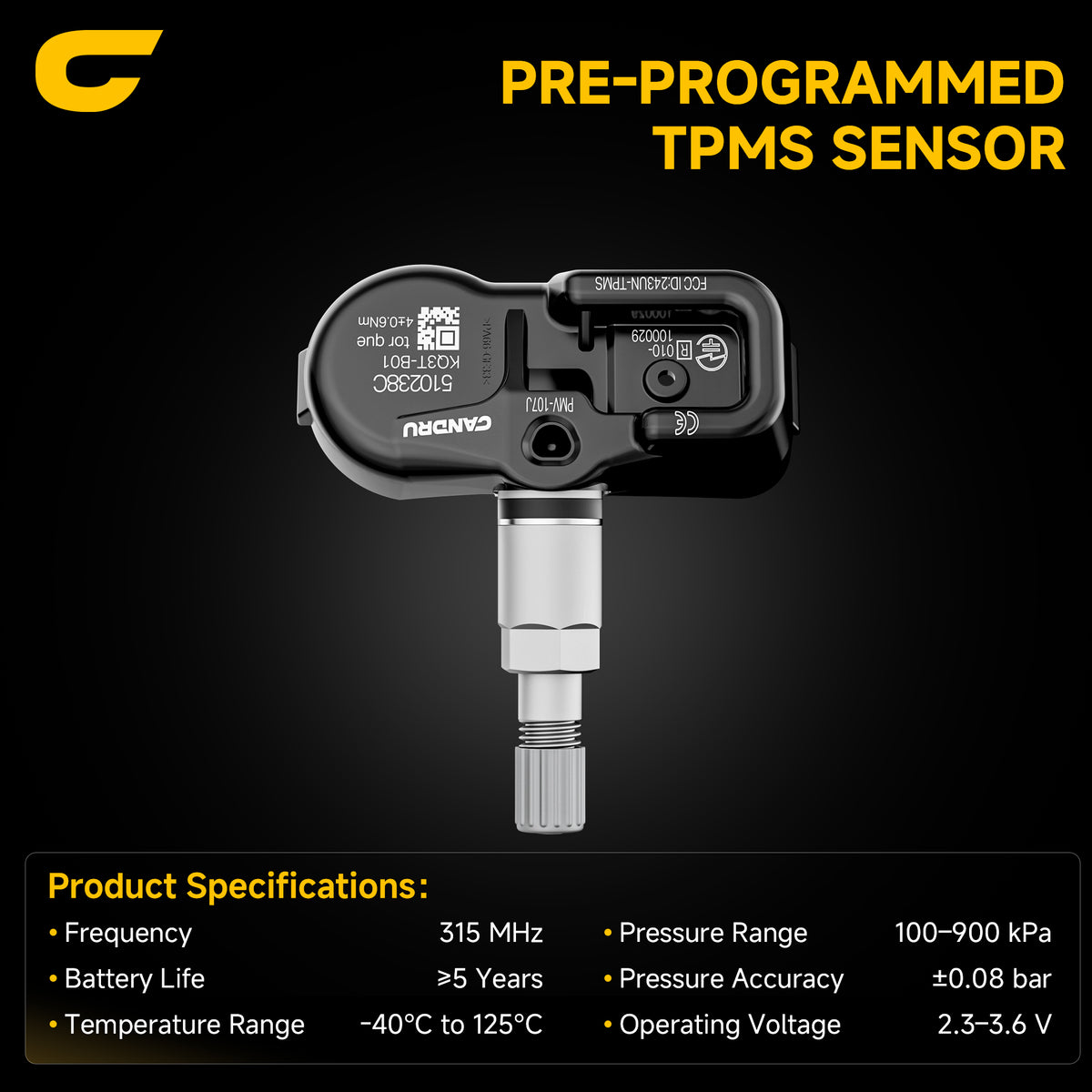 CANDRU TPMS Sensor PMV-107J |315 MHz Direct-Fit Replacement Set of 1|CD-TPM003-A
